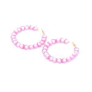 Pink heart bead hoop earrings with golden clasp on white background for women