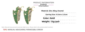 Detail view of caterpillar on green leaf earrings showing material and size specs