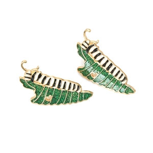 Cute green caterpillar stud earrings with colorful glaze and hollow heart design