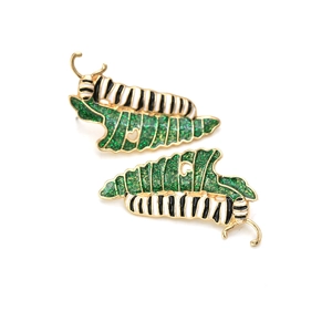 Cute caterpillar on green leaf stud earrings with gold plating and colorful enamel finish