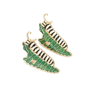 Cute colorful caterpillar on green leaf stud earrings with heart cutout design