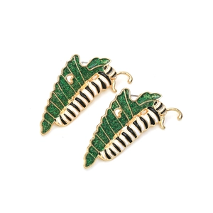 Fashion green leaf and black-white striped caterpillar drop earrings with gold finish