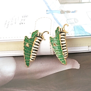 Cute green glitter leaf and striped caterpillar earrings set with gold metal finish