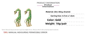 Detail specifications of giraffe enamel earrings measuring 4.7cm by 1.8cm in gold finish