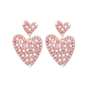 Boucles d'oreilles cœur dorées avec strass roses et perles blanches pour femmes