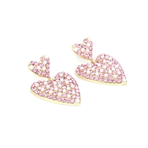 Boucles d'oreilles cœur dorées avec strass roses et perles blanches de style bohème
