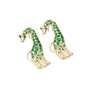 Cartoon giraffe stud earrings with gold alloy and green enamel details on white background