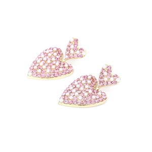 Boucles d'oreilles cœur dorées avec strass roses et perles pour femmes style chic
