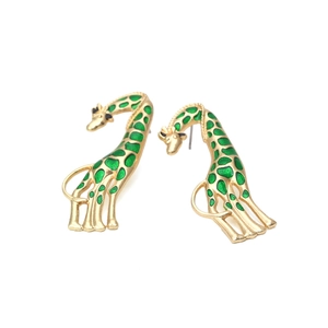 Whimsical giraffe enamel stud earrings in gold metal with vibrant green accents