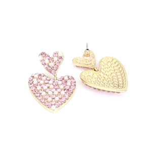 Boucles d'oreilles cœur chic avec strass roses et perles blanches sur base dorée