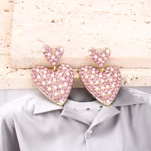Boucles d'oreilles cœur dorées avec cristaux roses et perles pour femmes chic