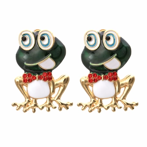 Cute Green Frog Stud Earrings With Enamel Drip Oil And Red Rhinestone Bowknot Fashion Animal Jewelry For Women