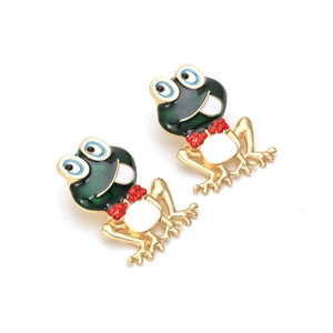 Cute cartoon frog earrings in gold-tone alloy with green enamel and red rhinestone bow