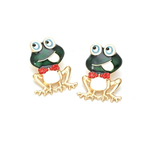 Funny green enamel frog earrings with rhinestone bow tie in golden metal finish