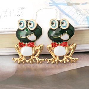 Creative green cartoon frog alloy earrings with red bow and blue spiral eyes for women