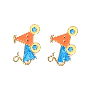 Boucles d'oreilles souris mignonne en émail orange et bleu avec bordure dorée