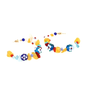 Bohemian C-shaped earrings with colorful beads and floral patterns on white background