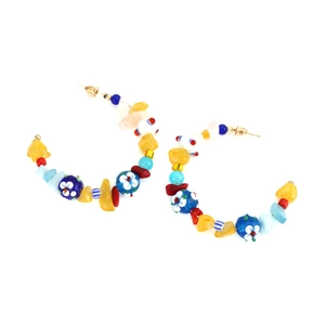 Bohemian C-shaped earrings with colorful glass beads and resin stones on gold-tone studs