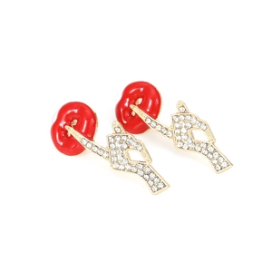 Sparkling red lip and rhinestone middle finger studs for women with edgy fashion style