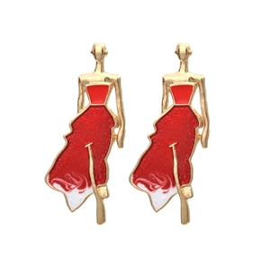 Alloy Stud Earrings Enamel Elegant Lady Silhouette Red Dress Golden Figure Fashion Jewelry For Women