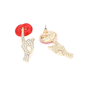Red lip and finger gesture stud earrings with crystal pave in gold plated metal
