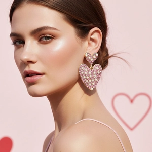 Boucles Oreilles Pendantes Double Cœur Alliage Plaqué Or Strass Rose Imitation Künstliche Perle Blanche Femmes Élégant