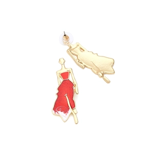 Golden alloy earrings with red enamel cartoon lady silhouette design for women