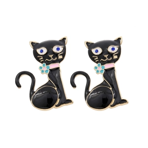 Boucles D'oreilles Chat Noir Mignon Alliage Émail Forme Animale Avec Strass Bleus Et Détails De Fleurs Bijoux Coréens