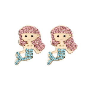 Boucles D'oreilles Puces Sirène Alliage Avec Strass Roses Bleus Et Émail Dessin Animé Mignon Mode Pour Femmes
