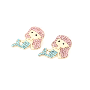 Boucles d'oreilles sirène fantaisie avec cristaux roses et bleus sur monture dorée