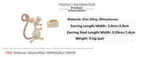 Detailed size and material specs for asymmetric mouse and cheese rhinestone earrings