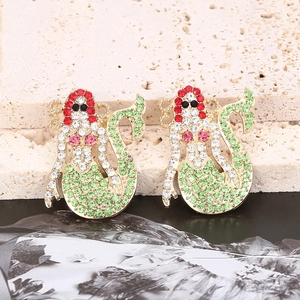 Detailed mermaid stud earrings featuring colorful rhinestones in a gold alloy setting