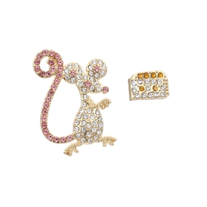 Asymmetric Cartoon Mouse And Cheese Stud Earrings Gold Tone Alloy Encrusted With Colorful Rhinestones Cute Animal Jewelry