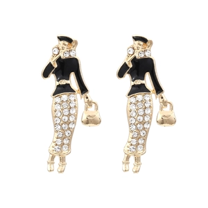 Boucles D'Oreilles Portrait De Femme Alliage Doré Émail Strass Bijoux De Mode Rétro Chic