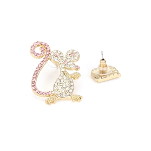 Close-up of asymmetrical cartoon mouse earrings with pink and white crystal rhinestones