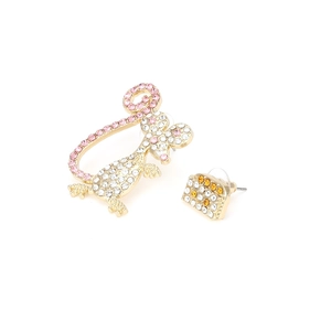 Asymmetric cartoon mouse and cheese stud earrings with colorful rhinestones in gold finish
