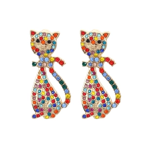 Katze Ohrstecker Legierung Vergoldet Bunte Rosa Strass Künstliche Perle Süße Tier Mode Schmuck Für Damen