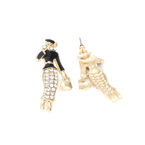 Boucles d'oreilles femme abstraites avec émail noir et cristaux blancs brillants