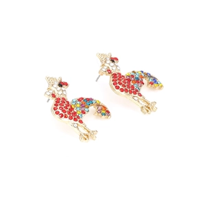 Boucles d'oreilles coq avec strass multicolores sur base en alliage doré