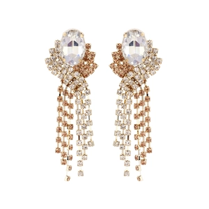 Elegant gold long tassel earrings with sparkling crystal rhinestones and oval center stone