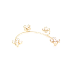 Golden metal flower ear cuff with white pearls for women in an elegant floral design