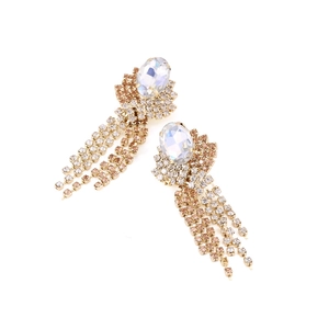 Luxurious gold long tassel earrings with sparkling rhinestones and oval gemstones