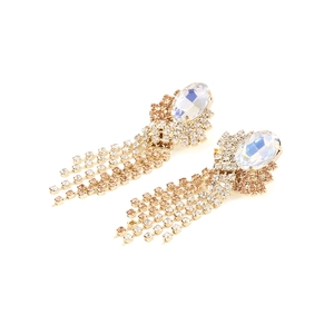 Elegant gold-plated tassel earrings with geometric crystal studs and long rhinestone fringes