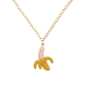 Chic gold banana pendant necklace with sparkling yellow crystals and white pearls
