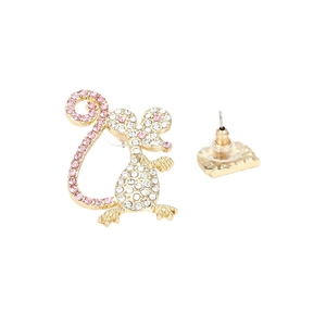 Asymmetric mouse stud earring with pink crystals and golden metal finish on white base