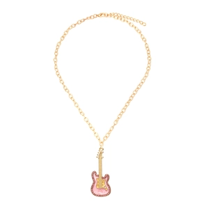 Guitar Pendant Necklace Pink Yellow Enamel Drip Oil Rhinestone Inlay Zinc Alloy Gold Tone Music Theme Fashion Jewelry