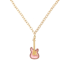 Golden chain necklace with pink enamel guitar pendant and sparkling pink rhinestones