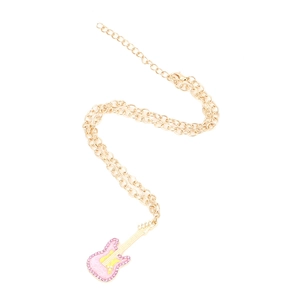 Guitar pendant necklace with pink rhinestones and enamel on a gold-plated chain