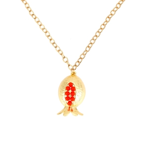 Retro vintage gold alloy pomegranate pendant necklace with red beads and floral design
