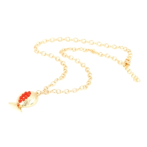 Retro pomegranate pendant necklace with red seed beads on a textured gold alloy chain